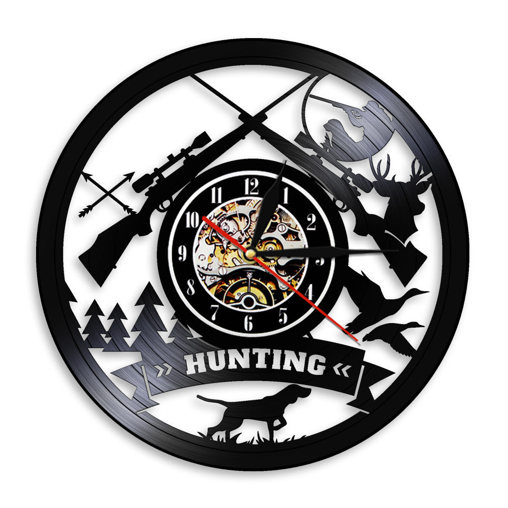 Hunting Logo Rifle Gun Sign Wall Clock Animal Hunting Adventure Vinyl Record Wall Clock Wilderness Tribal Hunter by Woody Signs Co. - Handmade Crafted Unique Wooden Creative