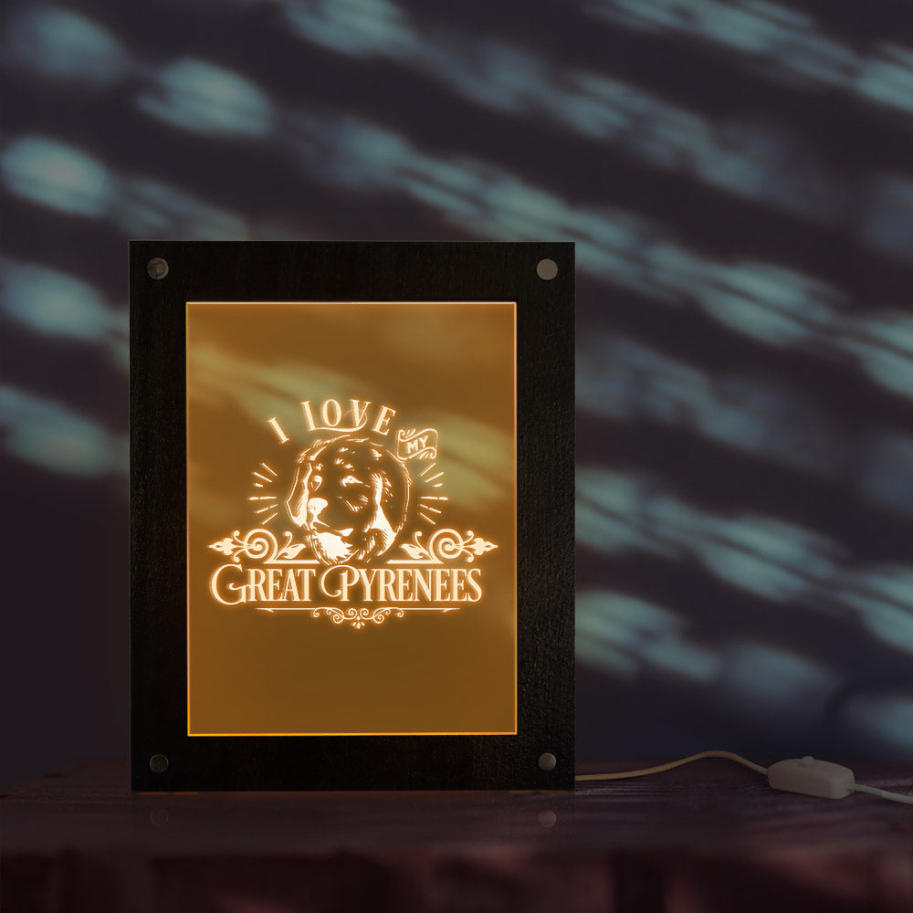 I Love My Great Pyrenees Wooden LED Night Light Display Custom Engraved Picture Frame Pyrenean Mountain Dog USB Table Lamp Frame by Woody Signs Co. - Handmade Crafted Unique Wooden Creative