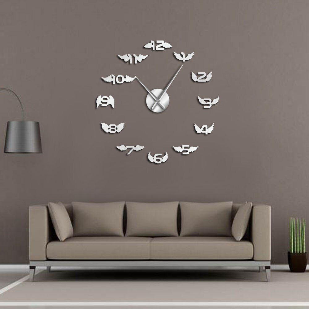 Angel Wings With Number Modern DIY Large Wall Clock Bird Wings Nursery Kid Room Minimalist Big Frameless by Woody Signs Co. - Handmade Crafted Unique Wooden Creative