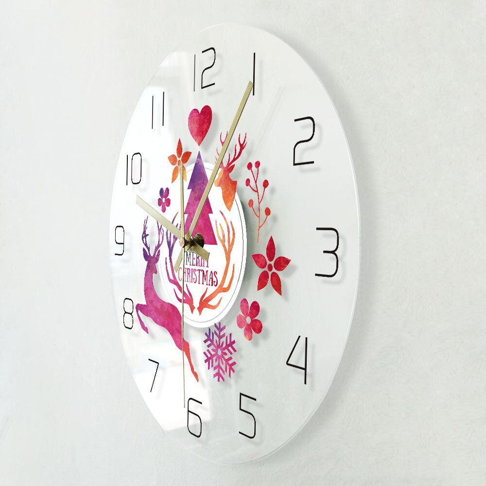 Merry Christmas Watercolor Deer Painting Print Modern Simple Wall Clock Holiday Hanging Timepiece New Year by Woody Signs Co. - Handmade Crafted Unique Wooden Creative