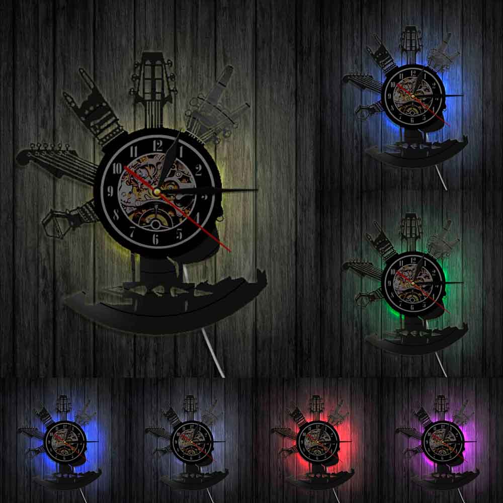 Guitar Vinyl Record Wall Clock Musical Instruments Gifts For Rock Music Fans Home Art Design Decor Clock by Woody Signs Co. - Handmade Crafted Unique Wooden Creative