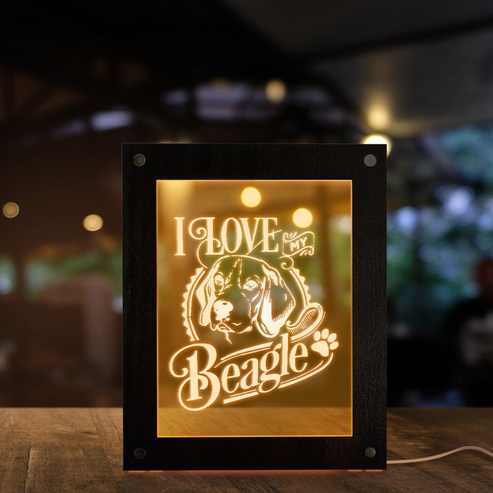 I Love My Beagle Handmade  Picture Frame LED Sleepy Bedside Lamp English Beagle Puppy Dog Pet Lighting Frame Decor by Woody Signs Co. - Handmade Crafted Unique Wooden Creative