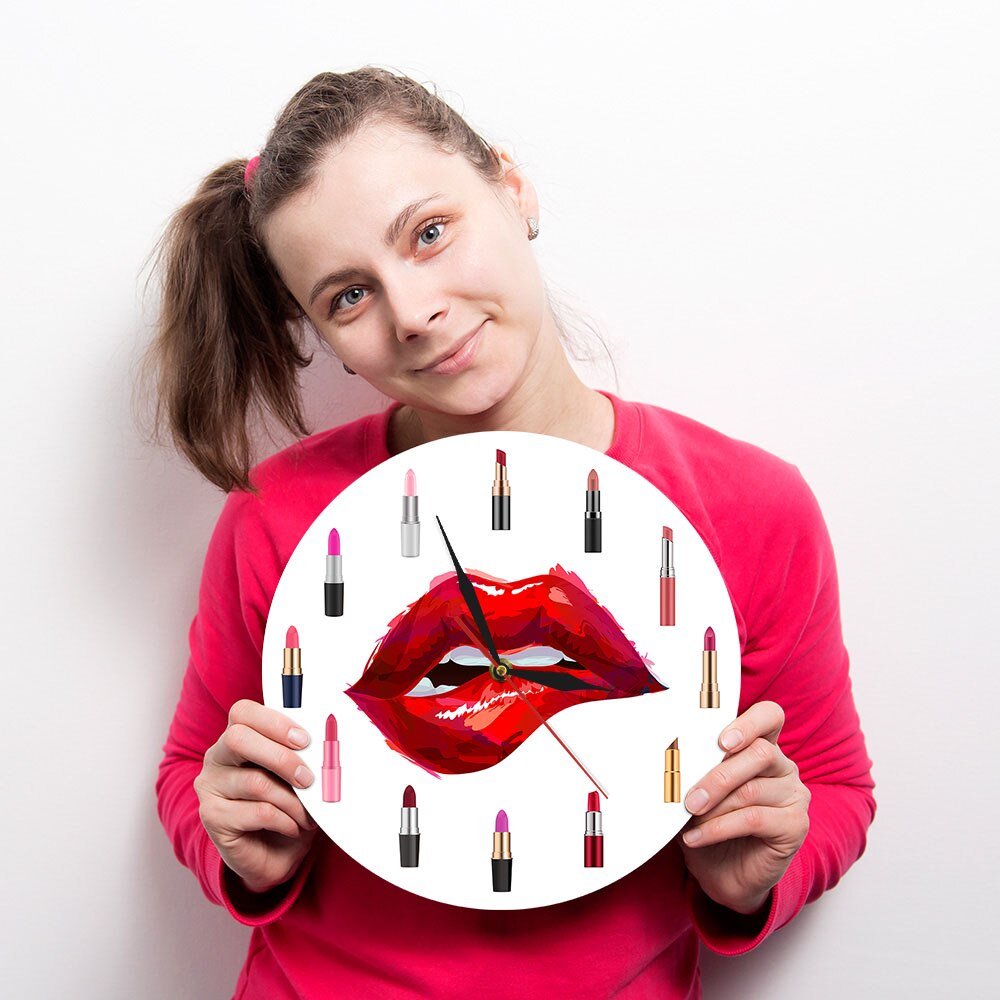 Girly Things Pretty Lipstick Funky Wall Clock Beauty Salon Silent Fashion Makeup Artist Gift idea by Woody Signs Co. - Handmade Crafted Unique Wooden Creative
