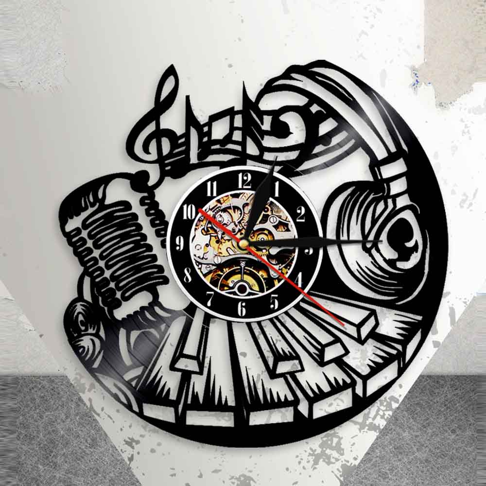 Musical Wall Clock Rock and Roll Vinyl Record Clock Music Instrument Piano Microphone Headset Vinyl Clock by Woody Signs Co. - Handmade Crafted Unique Wooden Creative