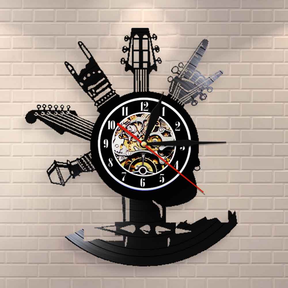 Guitar Vinyl Record Wall Clock Musical Instruments Gifts For Rock Music Fans Home Art Design Decor Clock by Woody Signs Co. - Handmade Crafted Unique Wooden Creative
