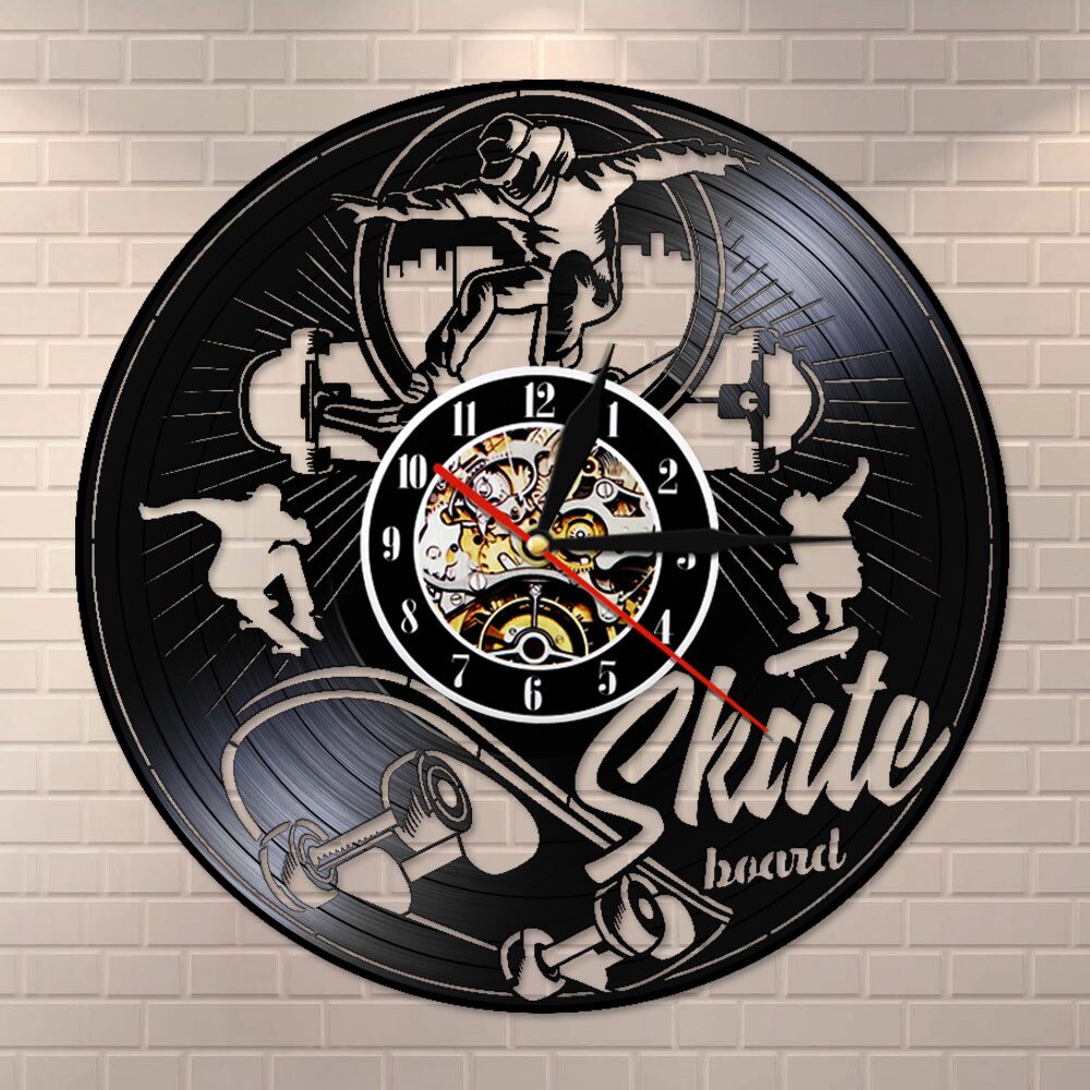 Skate Board Black Vinyl LP Wall Clock Skateboard Roller Skaters Vinyl Record Board Teenage Room Silent Quartz Clock by Woody Signs Co. - Handmade Crafted Unique Wooden Creative