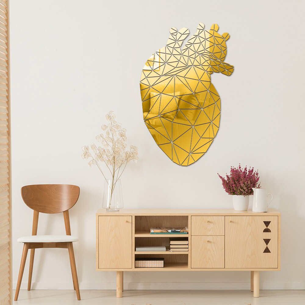 Heart Shaped Acrylic 3D Mirrored Sticker Mural Mirror DIY Living Room Entrance Abstract Polygonal Line Wall Stickers by Woody Signs Co. - Handmade Crafted Unique Wooden Creative