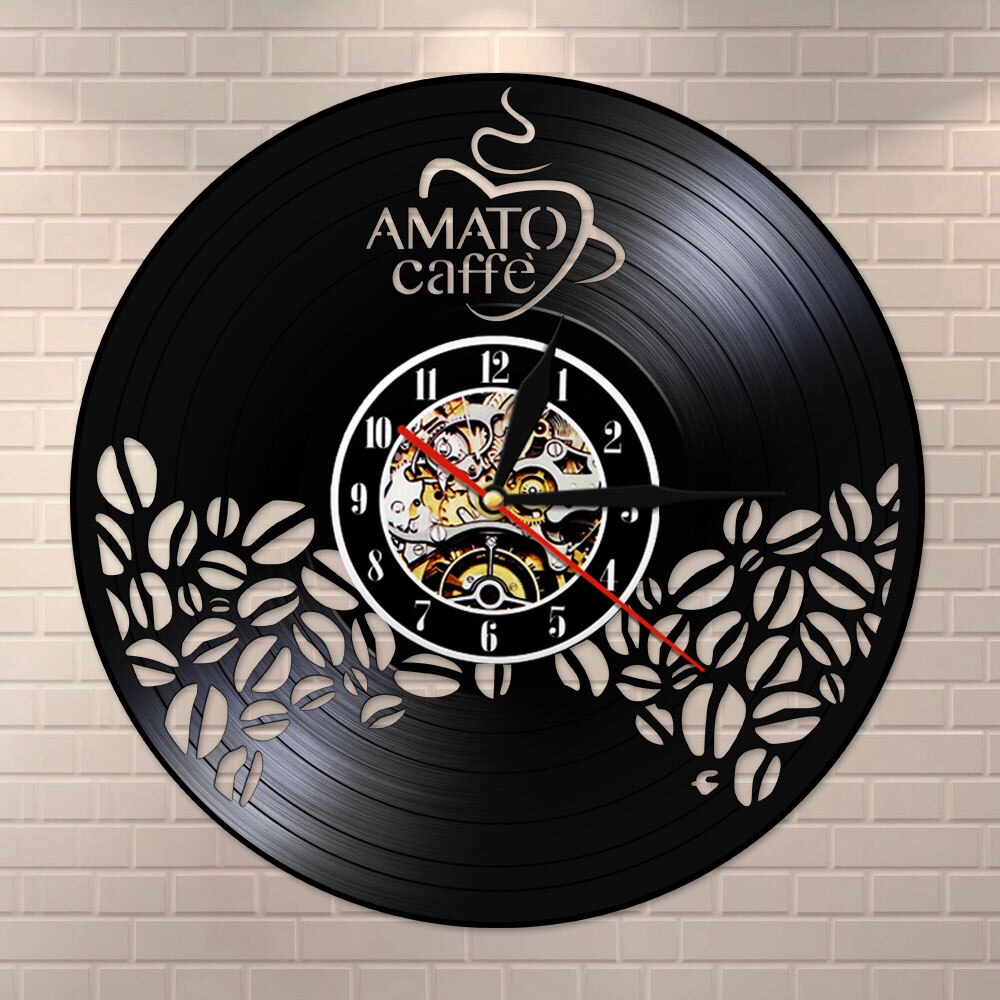 Amato Caffe Vinyl Record Clock Coffee Beans Design Hanging Silent Watch Coffee Lover Gift Coffee Bar Shop Wall Sign by Woody Signs Co. - Handmade Crafted Unique Wooden Creative