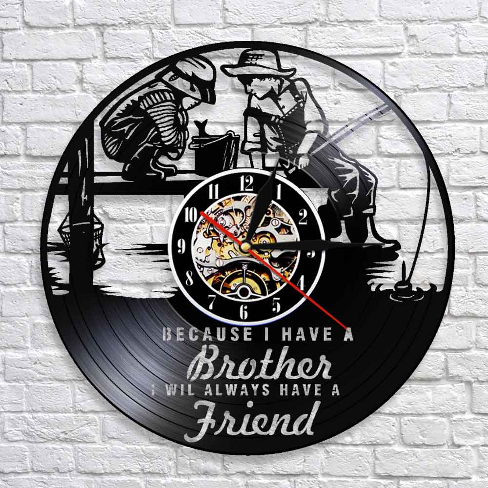 Friendship Quotes Brothers Bedroom Wall Clock Kids Fishing Nursery Wall Clock Brotherhood Vinyl Record Art Clock by Woody Signs Co. - Handmade Crafted Unique Wooden Creative