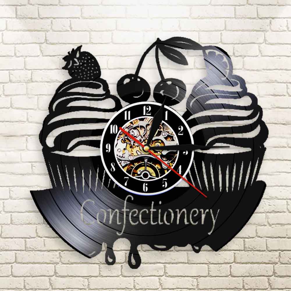 Confectionery Business Wall Sign Modern Wall Clock Sweets Cupcake Vinyl Record Wall Clock Bakery Cherry Cake Clock by Woody Signs Co. - Handmade Crafted Unique Wooden Creative