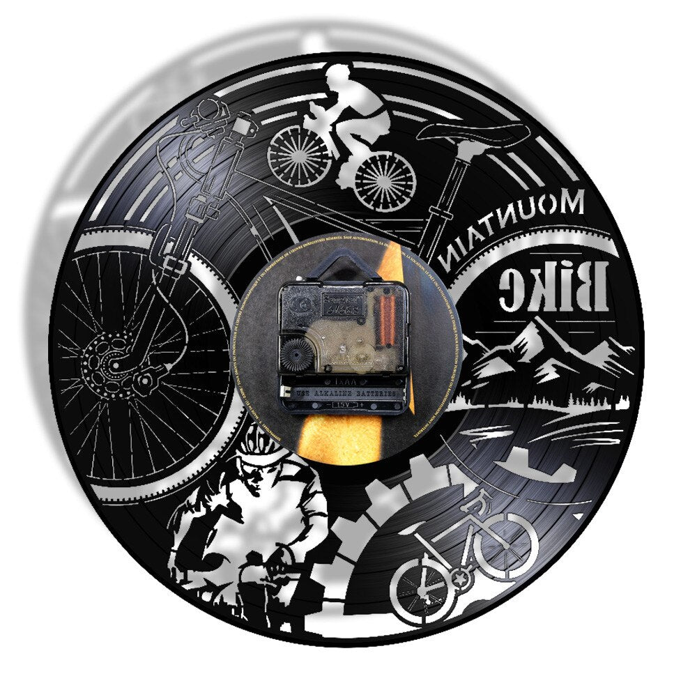 Mountain Bike Vinyl Record Wall Clock Mountain Biking Black Retro Silent Adventure Bicycle by Woody Signs Co. - Handmade Crafted Unique Wooden Creative