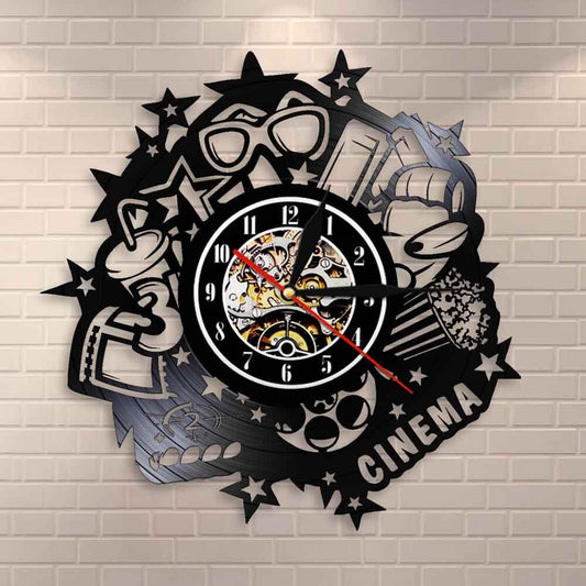 Cinema Sign Wall Clock Movie Theater Now Showing Vintage Vinyl Record Wall Clock Pop Corn Drinks 3D Glass Home Cinema Movie Deco by Woody Signs Co. - Handmade Crafted Unique Wooden Creative