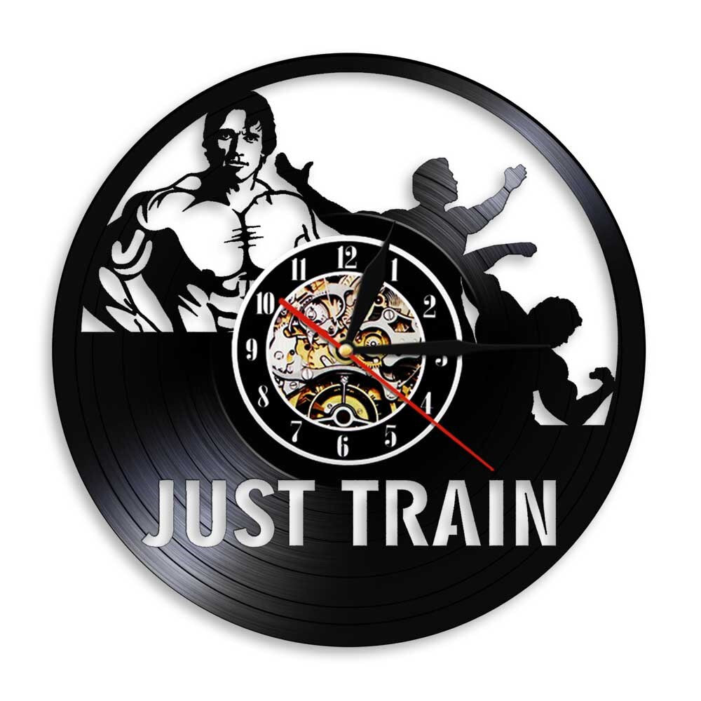Just Train GYM Wall Clock Muscle Man Weighting Vinyl Record Wall Clock Fitness Center Clock by Woody Signs Co. - Handmade Crafted Unique Wooden Creative