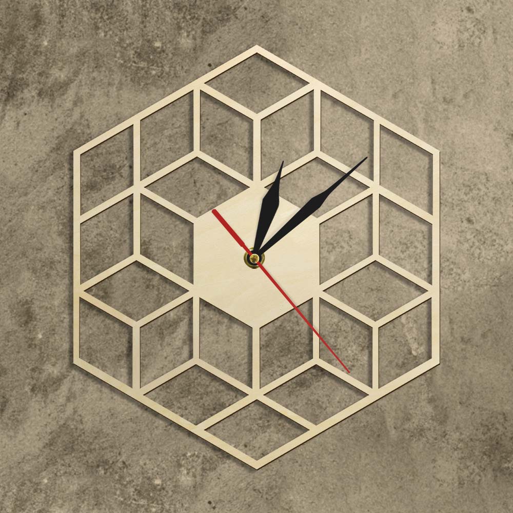 Cube Inspired Hexagon Wooden Wall Clock Silent Non Ticking Rustic Wood Clock Minimalist Geometric Modern (12 inch) by Woody Signs Co. - Handmade Crafted Unique Wooden Creative