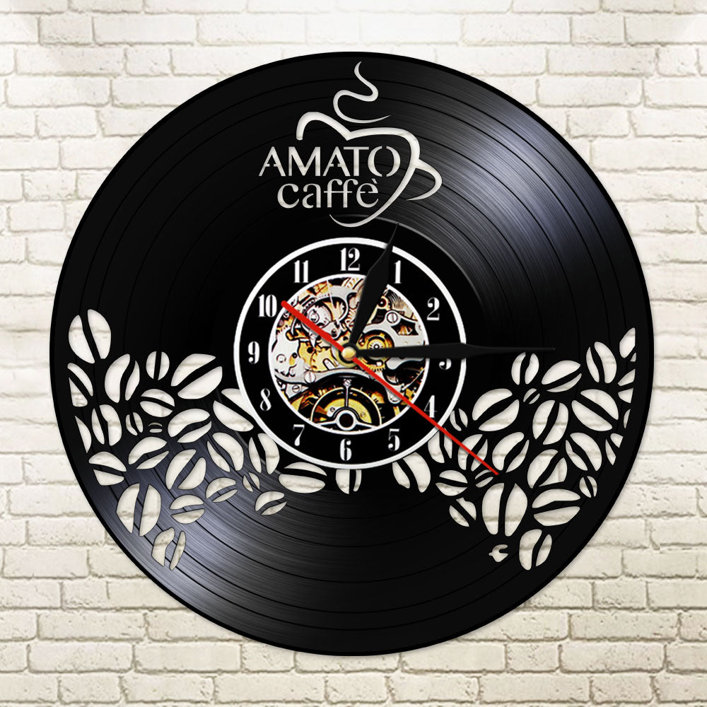 Amato Caffe Vinyl Record Clock Coffee Beans Design Hanging Silent Watch Coffee Lover Gift Coffee Bar Shop Wall Sign by Woody Signs Co. - Handmade Crafted Unique Wooden Creative