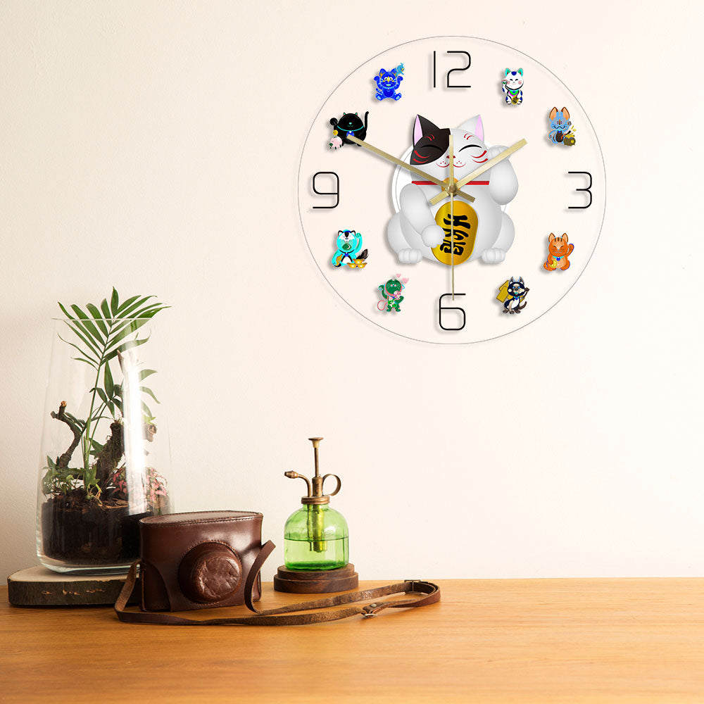 Maneki Neko Fortune Cat Cartoon Wall Clock Japanese Beckoning Cat Quiet Sweep Cute Lucky Cat Timepiece by Woody Signs Co. - Handmade Crafted Unique Wooden Creative