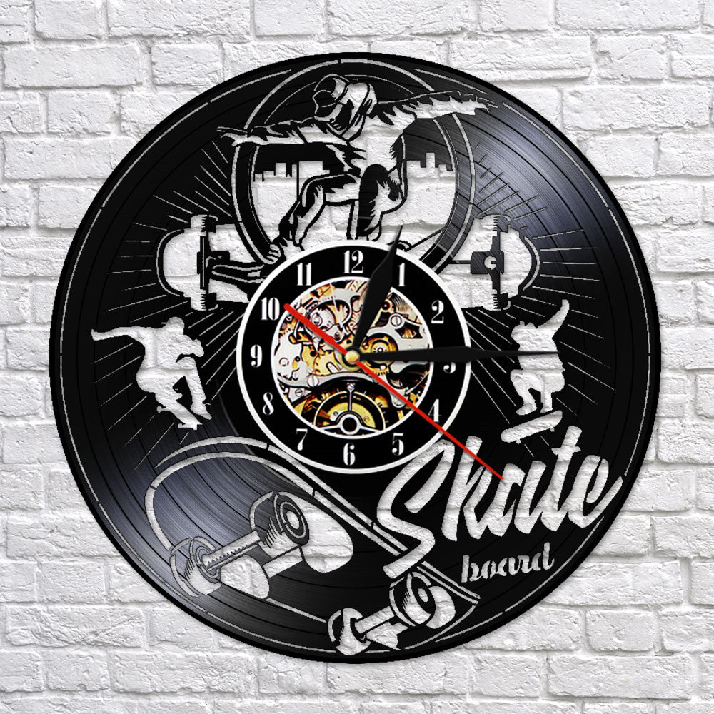 Skate Board Black Vinyl LP Wall Clock Skateboard Roller Skaters Vinyl Record Board Teenage Room Silent Quartz Clock by Woody Signs Co. - Handmade Crafted Unique Wooden Creative