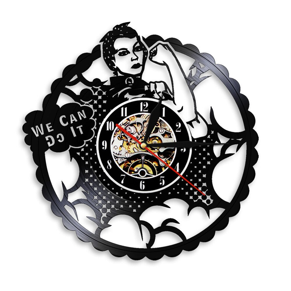 We Can Do It Girl Power Rosie the Riveter Feminist Modern Wall Clock Strong Woman Protest Signs Vinyl Record Clock by Woody Signs Co. - Handmade Crafted Unique Wooden Creative