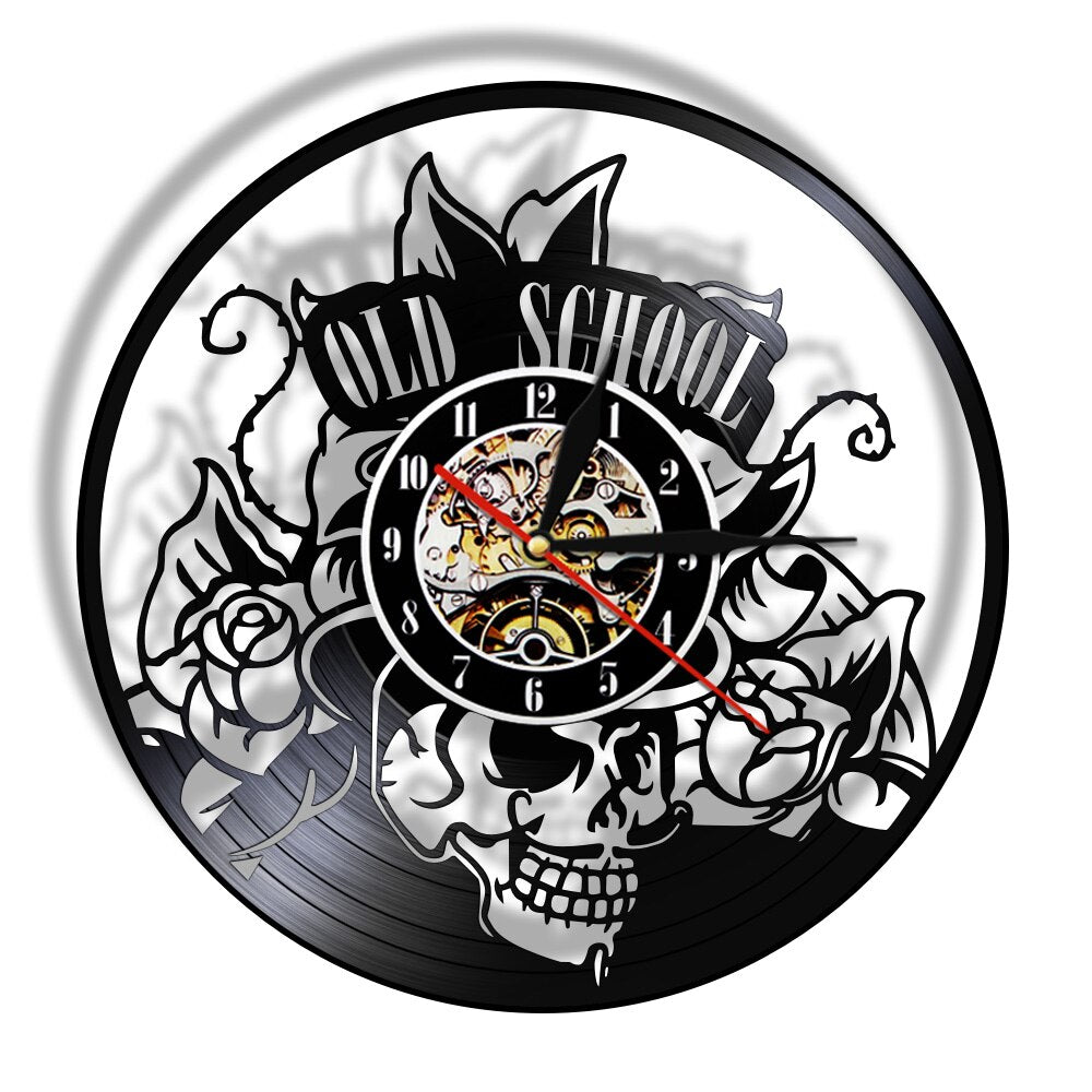 Old School Art Tattoo Studio Wall Sign Silent Vinyl Record Wall Clock Skull with Flower Watch Decor Hipster Men Gift by Woody Signs Co. - Handmade Crafted Unique Wooden Creative