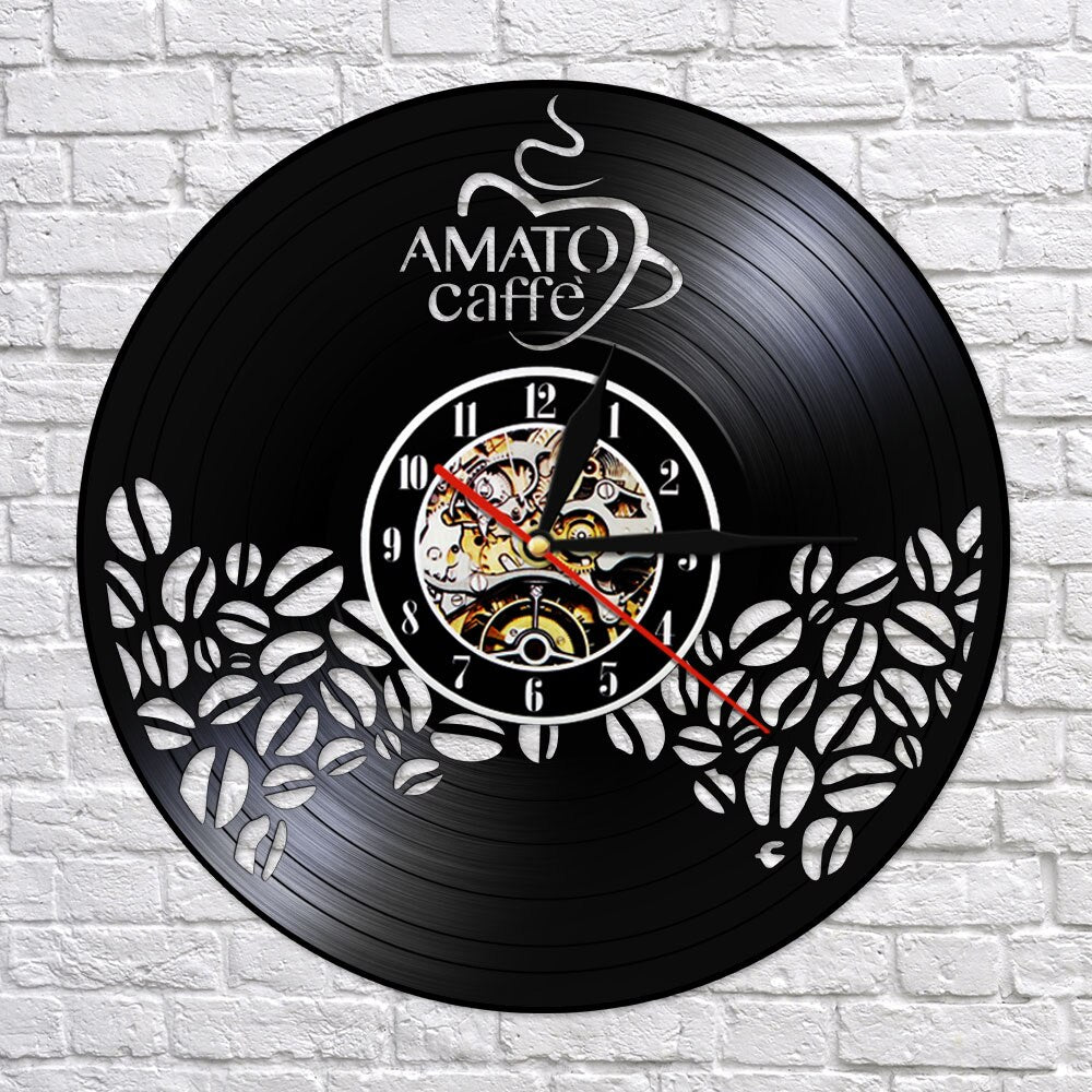 Amato Caffe Vinyl Record Clock Coffee Beans Design Hanging Silent Watch Coffee Lover Gift Coffee Bar Shop Wall Sign by Woody Signs Co. - Handmade Crafted Unique Wooden Creative
