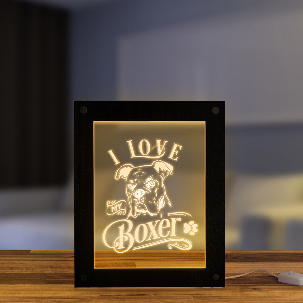 I Love My Boxer Dog LED Light Picture Frame Laser Engraved Custom Text Wooden LED Night Light Display Deutscher Boxer Room Decor by Woody Signs Co. - Handmade Crafted Unique Wooden Creative