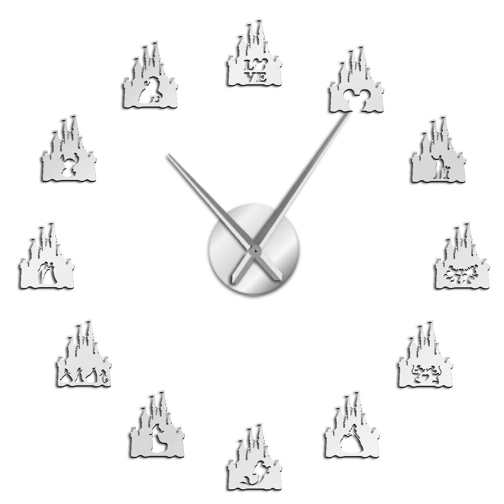 Princess Castle DIY Giant Wall Clock Girl Room Cartoon Style Silent Frameless Acrylic Mirror Effect Stickers by Woody Signs Co. - Handmade Crafted Unique Wooden Creative