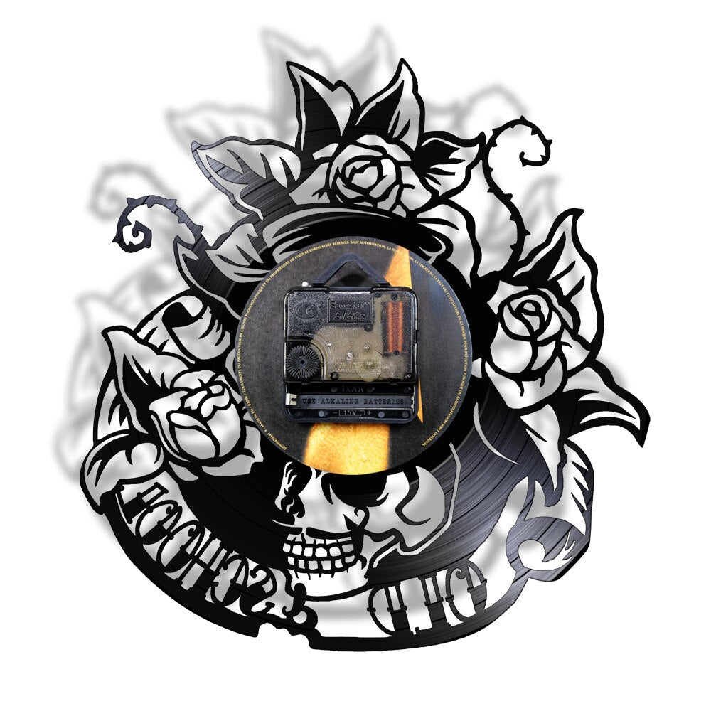 Tattoo Skull with Rose Vinyl Record Wall Clock Skeleton Skull Thorn Roses Silent Quartz Gothic Home Art by Woody Signs Co. - Handmade Crafted Unique Wooden Creative