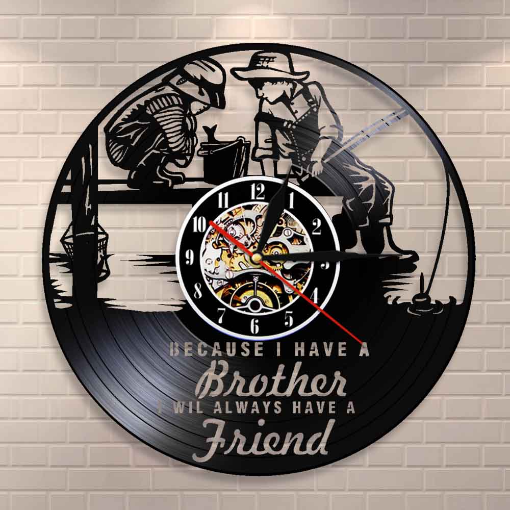 Friendship Quotes Brothers Bedroom Wall Clock Kids Fishing Nursery Wall Clock Brotherhood Vinyl Record Art Clock by Woody Signs Co. - Handmade Crafted Unique Wooden Creative