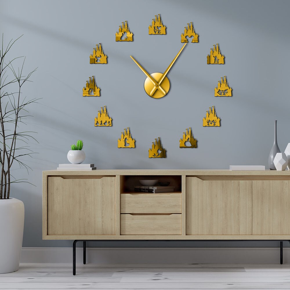 Princess Castle DIY Giant Wall Clock Girl Room Cartoon Style Silent Frameless Acrylic Mirror Effect Stickers by Woody Signs Co. - Handmade Crafted Unique Wooden Creative