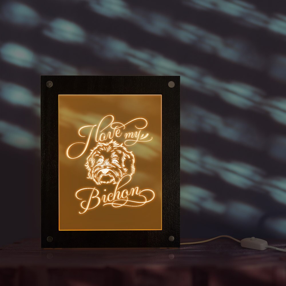 I Love My Bichon Wood LED Night Light Photo Custom Text Display Frame Puppy Dog Pet Owner Memorable by Woody Signs Co. - Handmade Crafted Unique Wooden Creative