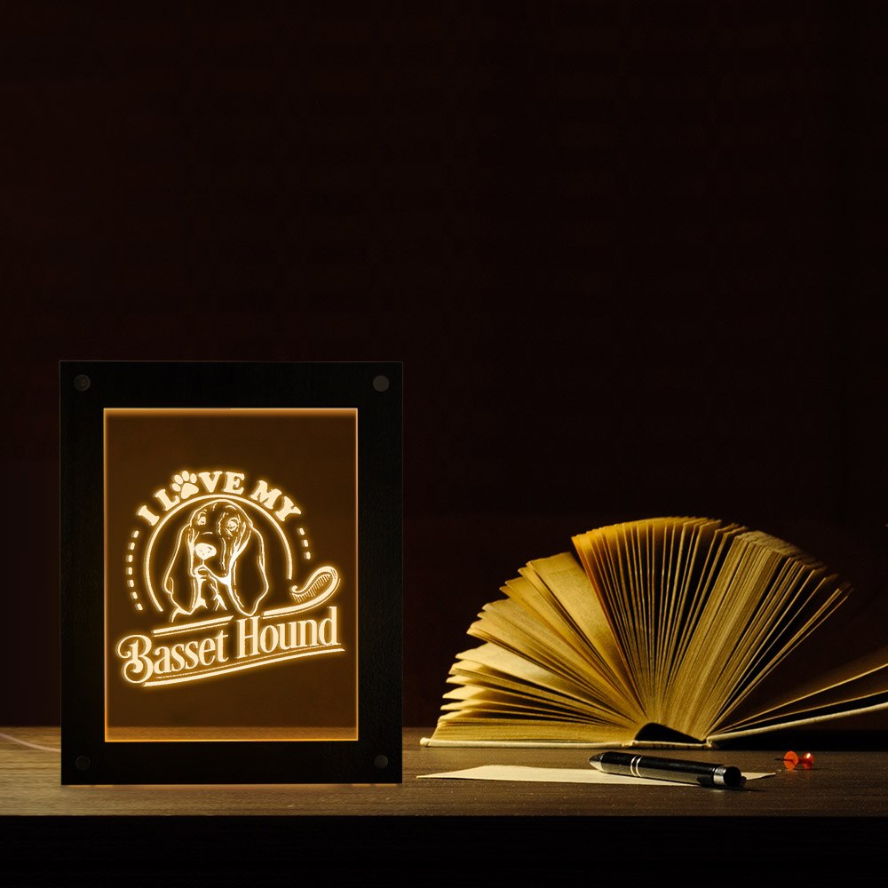 I Love My Basset Hound Hush Puppy Modern Night Light Custom Laser Engraved Picture Frame Dog Breed Basset Lighting by Woody Signs Co. - Handmade Crafted Unique Wooden Creative
