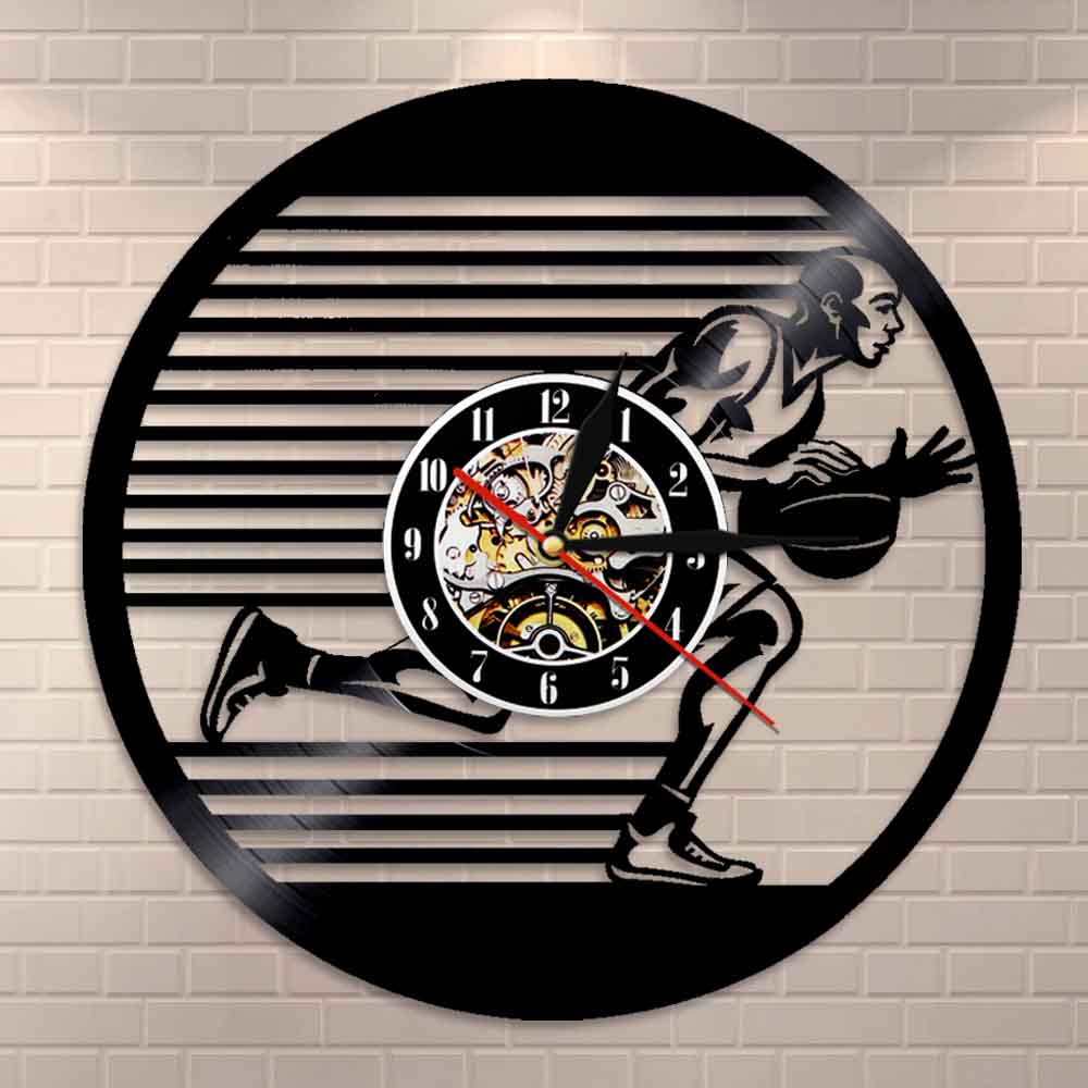 Basketball Players Silhouette Vinyl Record Wall Clock Silent Hanging Watch Slam Dunk Basketball Sports by Woody Signs Co. - Handmade Crafted Unique Wooden Creative