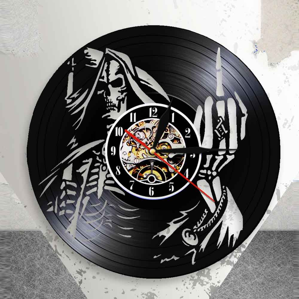 Skeleton Middle Finger Wall Clock Punk Skull Up Yours Vinyl Record Clock Spiral Bone Finger Modern Clock by Woody Signs Co. - Handmade Crafted Unique Wooden Creative