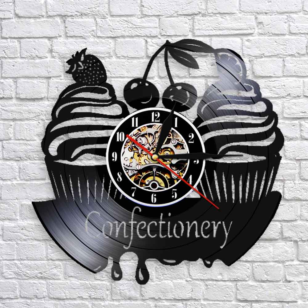Confectionery Business Wall Sign Modern Wall Clock Sweets Cupcake Vinyl Record Wall Clock Bakery Cherry Cake Clock by Woody Signs Co. - Handmade Crafted Unique Wooden Creative