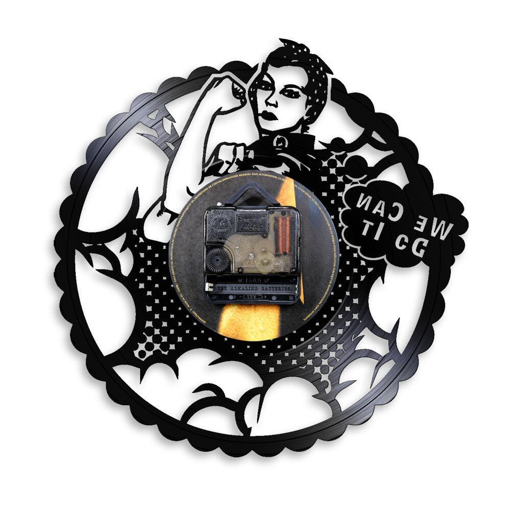 We Can Do It Girl Power Rosie the Riveter Feminist Modern Wall Clock Strong Woman Protest Signs Vinyl Record Clock by Woody Signs Co. - Handmade Crafted Unique Wooden Creative