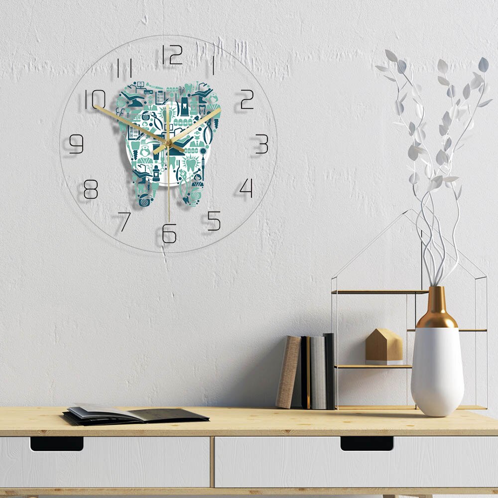 Dentistry Tooth Wall Clock Dental Care Symbols Acrylic Hanging Clock Quiet Movement Dental Department Decor Wall Sign by Woody Signs Co. - Handmade Crafted Unique Wooden Creative