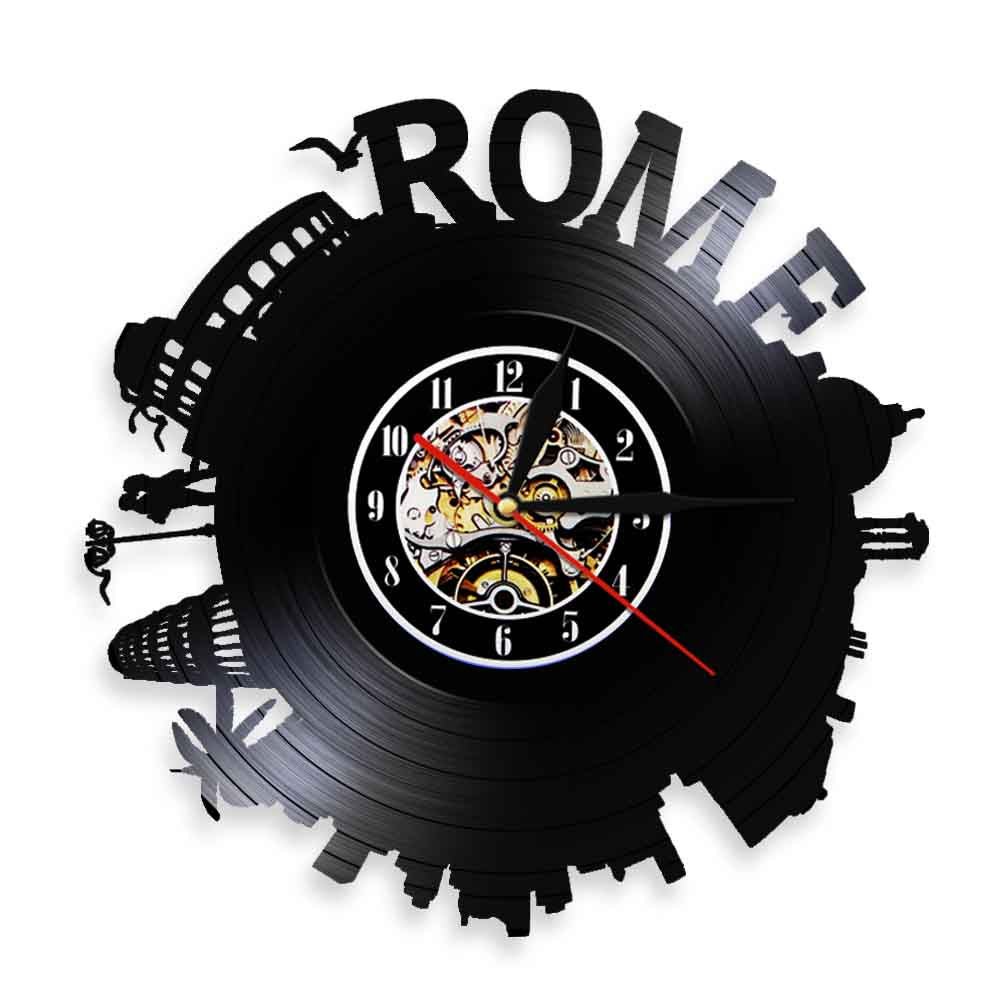Rome City Skyline Colosseum Wall Clock Italy Capital Skyround Rome Cityscape Vinyl Record Wall Clock Memorabilia by Woody Signs Co. - Handmade Crafted Unique Wooden Creative