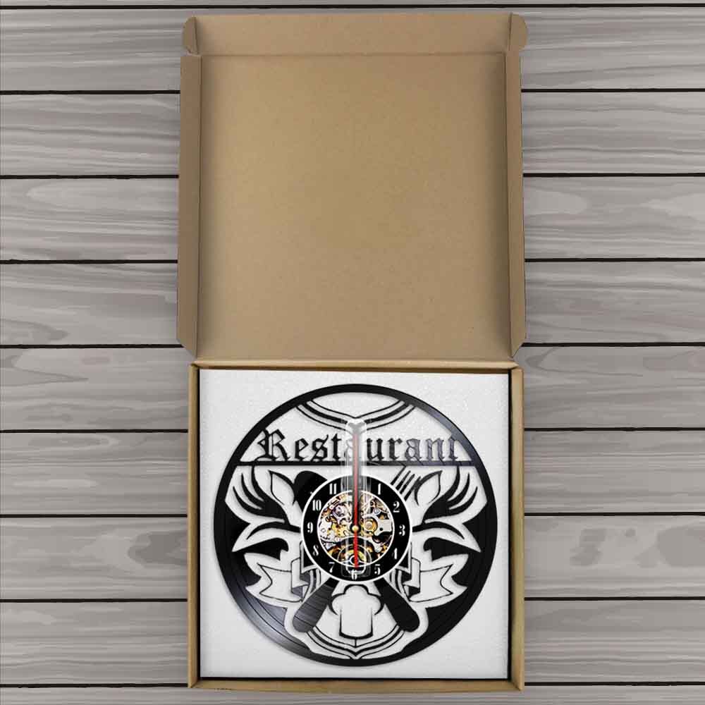 Restaurant Business Sign Clock Kitchen Vinyl Record Wall Clock Eatery Chef Foodie Knife Fork Time Clock by Woody Signs Co. - Handmade Crafted Unique Wooden Creative