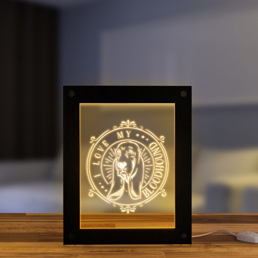 I Love My Bloodhound LED Lighting Frame With Custom Text Image Saint Hubert Hound Dog Breed Lighting Art by Woody Signs Co. - Handmade Crafted Unique Wooden Creative