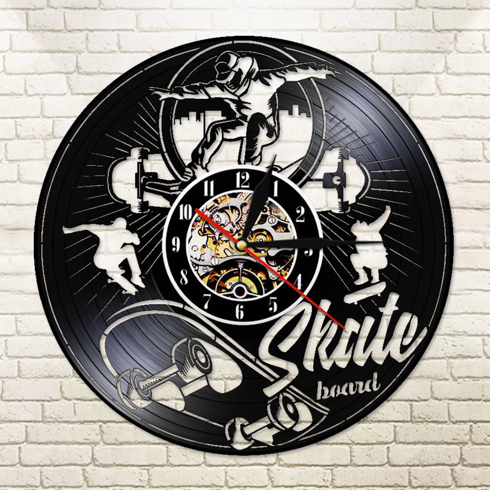 Skate Board Black Vinyl LP Wall Clock Skateboard Roller Skaters Vinyl Record Board Teenage Room Silent Quartz Clock by Woody Signs Co. - Handmade Crafted Unique Wooden Creative