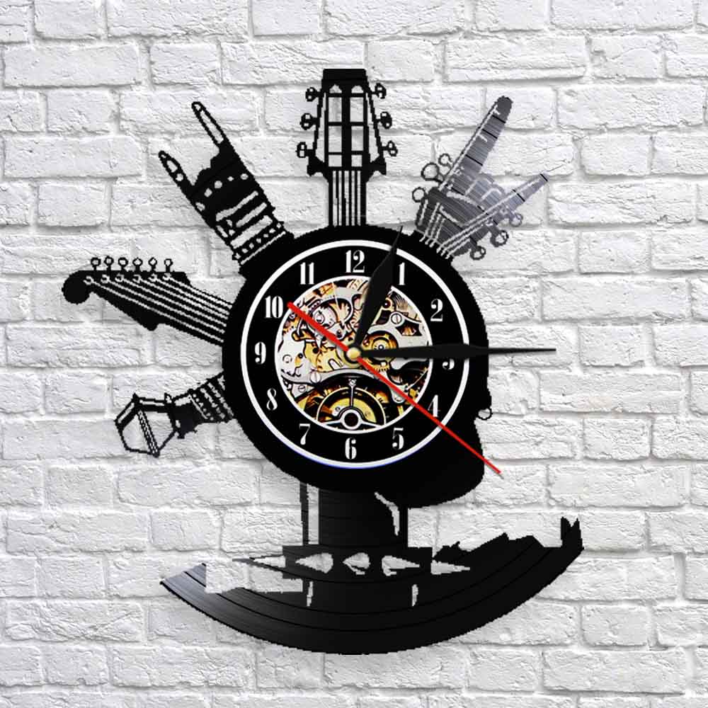 Guitar Vinyl Record Wall Clock Musical Instruments Gifts For Rock Music Fans Home Art Design Decor Clock by Woody Signs Co. - Handmade Crafted Unique Wooden Creative