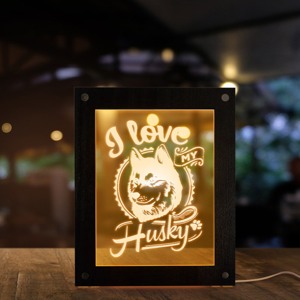 I Love My Husky Photo LED Light Custom Picture Wooden Frame Puppy Lighting Bedside Lamp Dog Pet Owner by Woody Signs Co. - Handmade Crafted Unique Wooden Creative