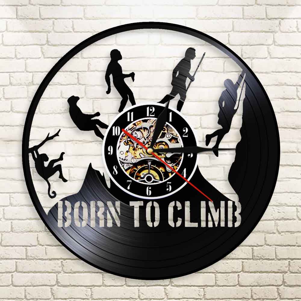 Mountain Climbing Evolution Climber Wall Clock Climbing Vinyl Record Wall Clock Born To Climb Deocrative Hiking Gifts by Woody Signs Co. - Handmade Crafted Unique Wooden Creative