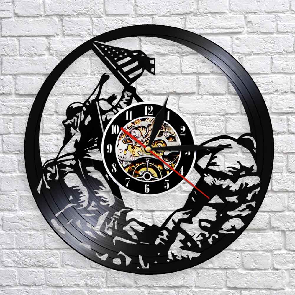 Marines Raising the Flag on Iwo Jima WWll Wall Clock WW2 United States Flag Contemporary Vinyl Record Soldiers Clock by Woody Signs Co. - Handmade Crafted Unique Wooden Creative
