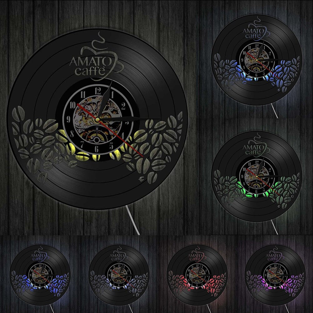 Amato Caffe Vinyl Record Clock Coffee Beans Design Hanging Silent Watch Coffee Lover Gift Coffee Bar Shop Wall Sign by Woody Signs Co. - Handmade Crafted Unique Wooden Creative