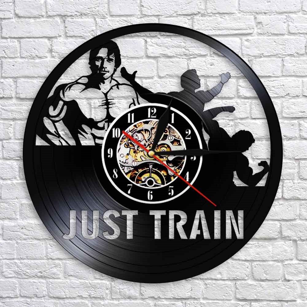 Just Train GYM Wall Clock Muscle Man Weighting Vinyl Record Wall Clock Fitness Center Clock by Woody Signs Co. - Handmade Crafted Unique Wooden Creative