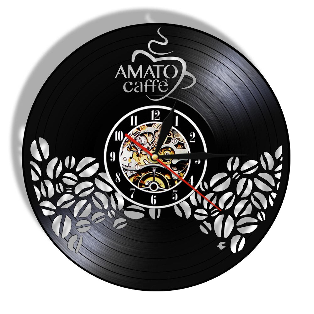 Amato Caffe Vinyl Record Clock Coffee Beans Design Hanging Silent Watch Coffee Lover Gift Coffee Bar Shop Wall  Sign by Woody Signs Co. - Handmade Crafted Unique Wooden Creative