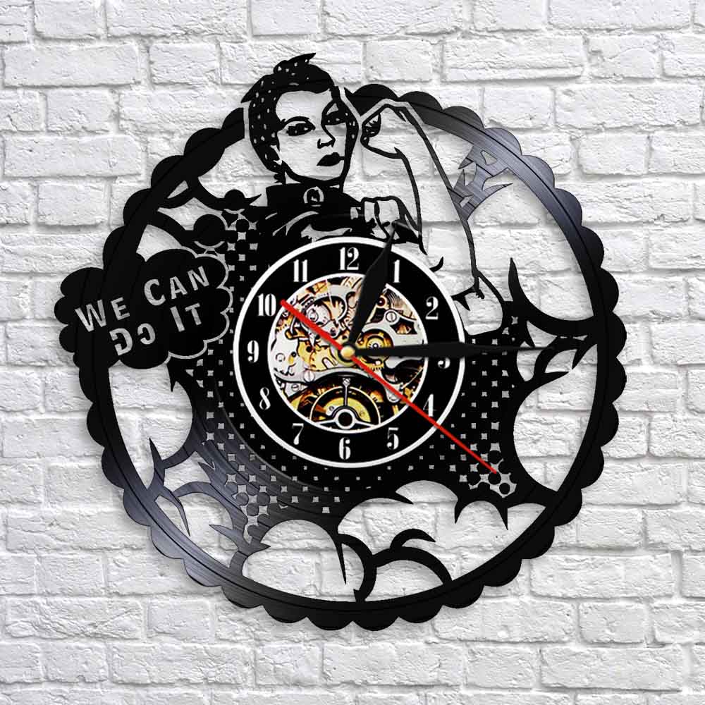 We Can Do It Girl Power Rosie the Riveter Feminist Modern Wall Clock Strong Woman Protest Signs Vinyl Record Clock by Woody Signs Co. - Handmade Crafted Unique Wooden Creative