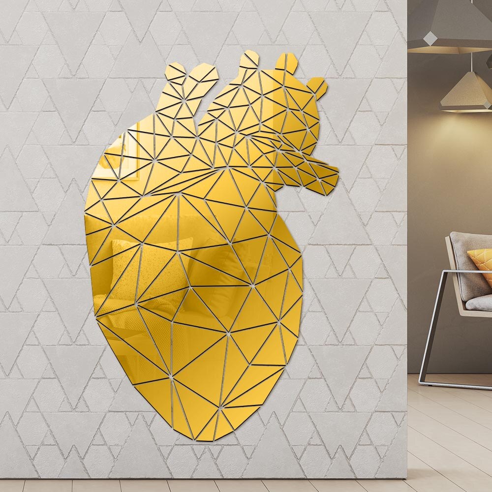 Heart Shaped Acrylic 3D Mirrored Sticker Mural Mirror DIY Living Room Entrance Abstract Polygonal Line Wall Stickers by Woody Signs Co. - Handmade Crafted Unique Wooden Creative
