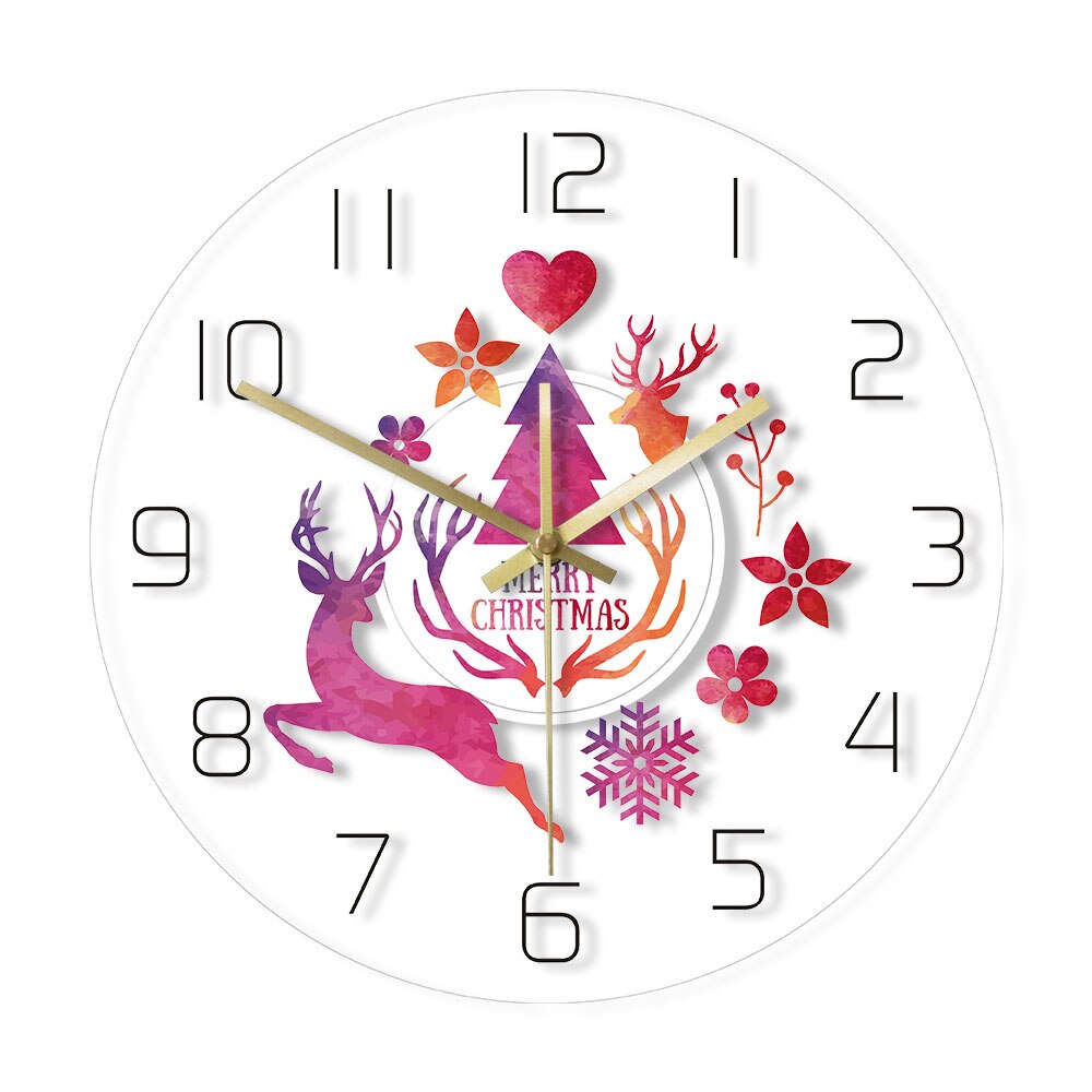Merry Christmas Watercolor Deer Painting Print Modern Simple Wall Clock Holiday Hanging Timepiece New Year by Woody Signs Co. - Handmade Crafted Unique Wooden Creative